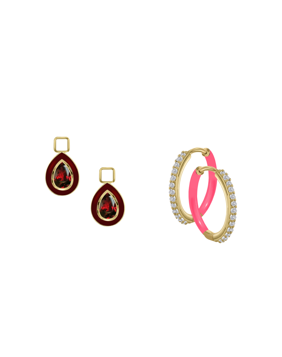 Garnet/January Charm with Mini Even Steven Hoop Earring Set