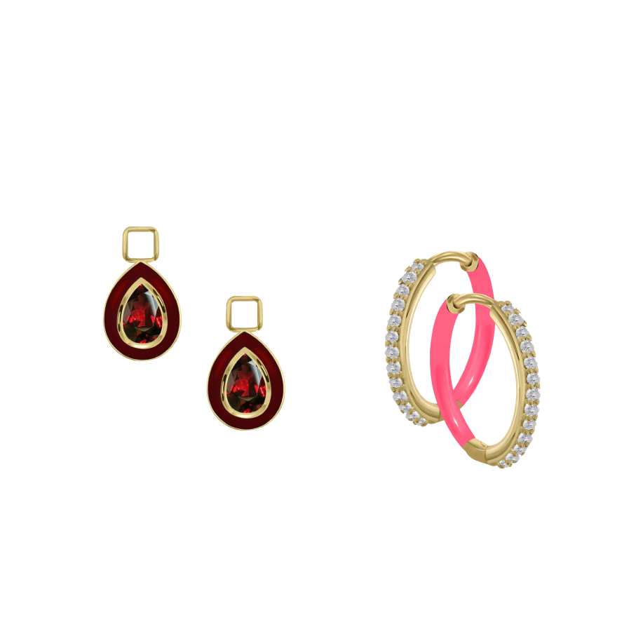 Garnet/January Charm with Mini Even Steven Hoop Earring Set