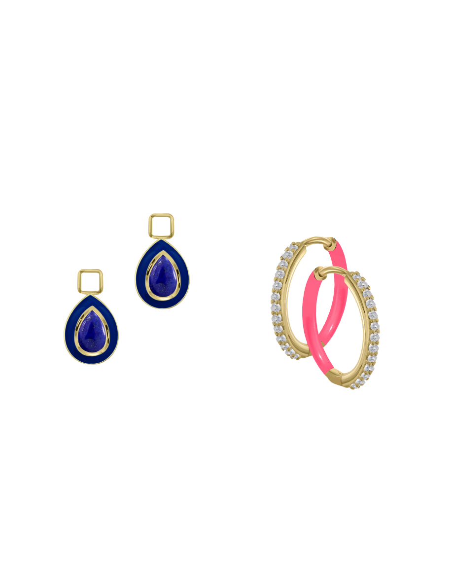 Lapis/September Charm with Mini Even Steven Hoop Earring Set