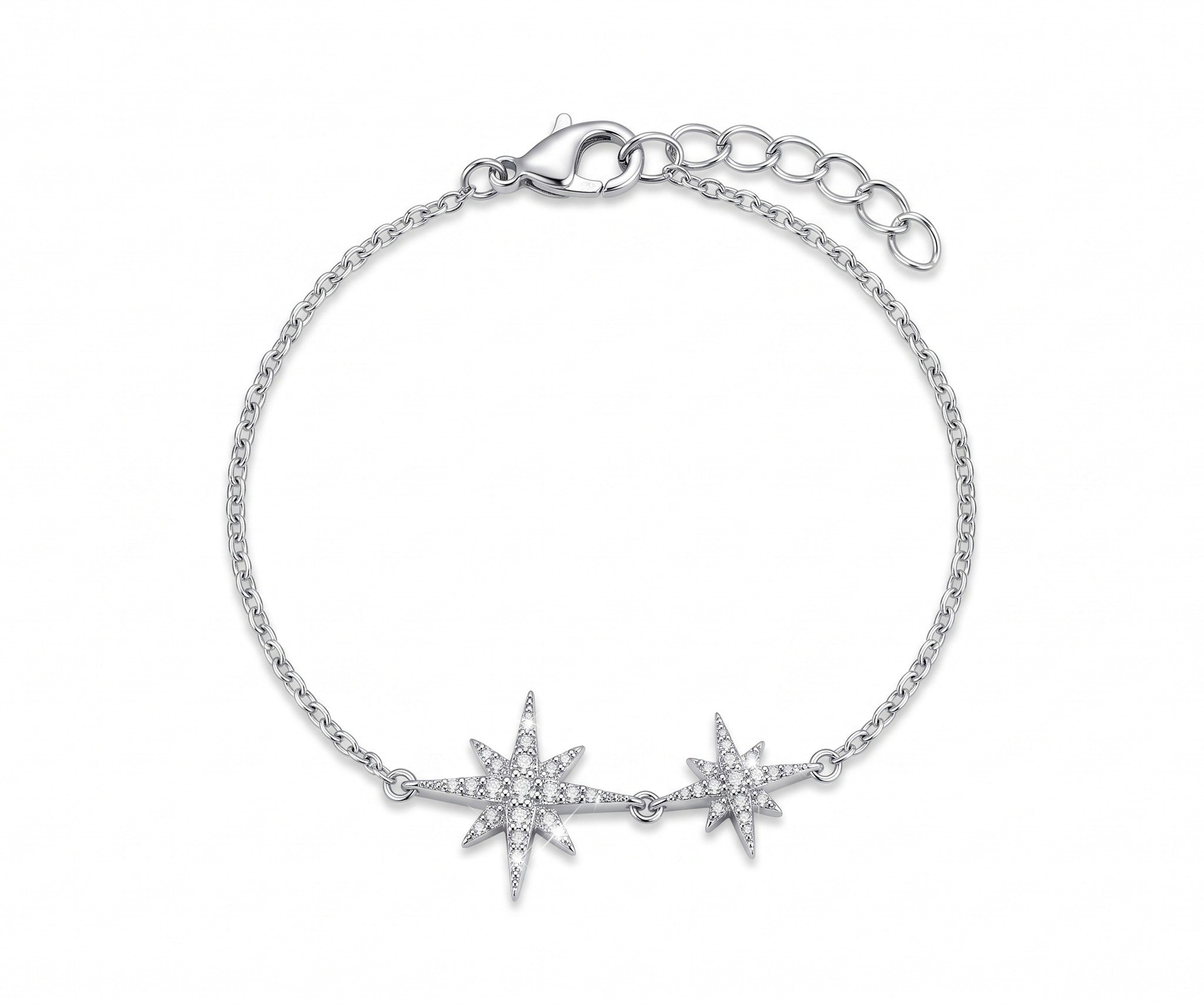 Jodi Star Bracelet, two cubic zirconia stars on a rhodium-plated brass chain