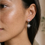 Model wearing the Sitara Earrings with the drop star below the lobe
