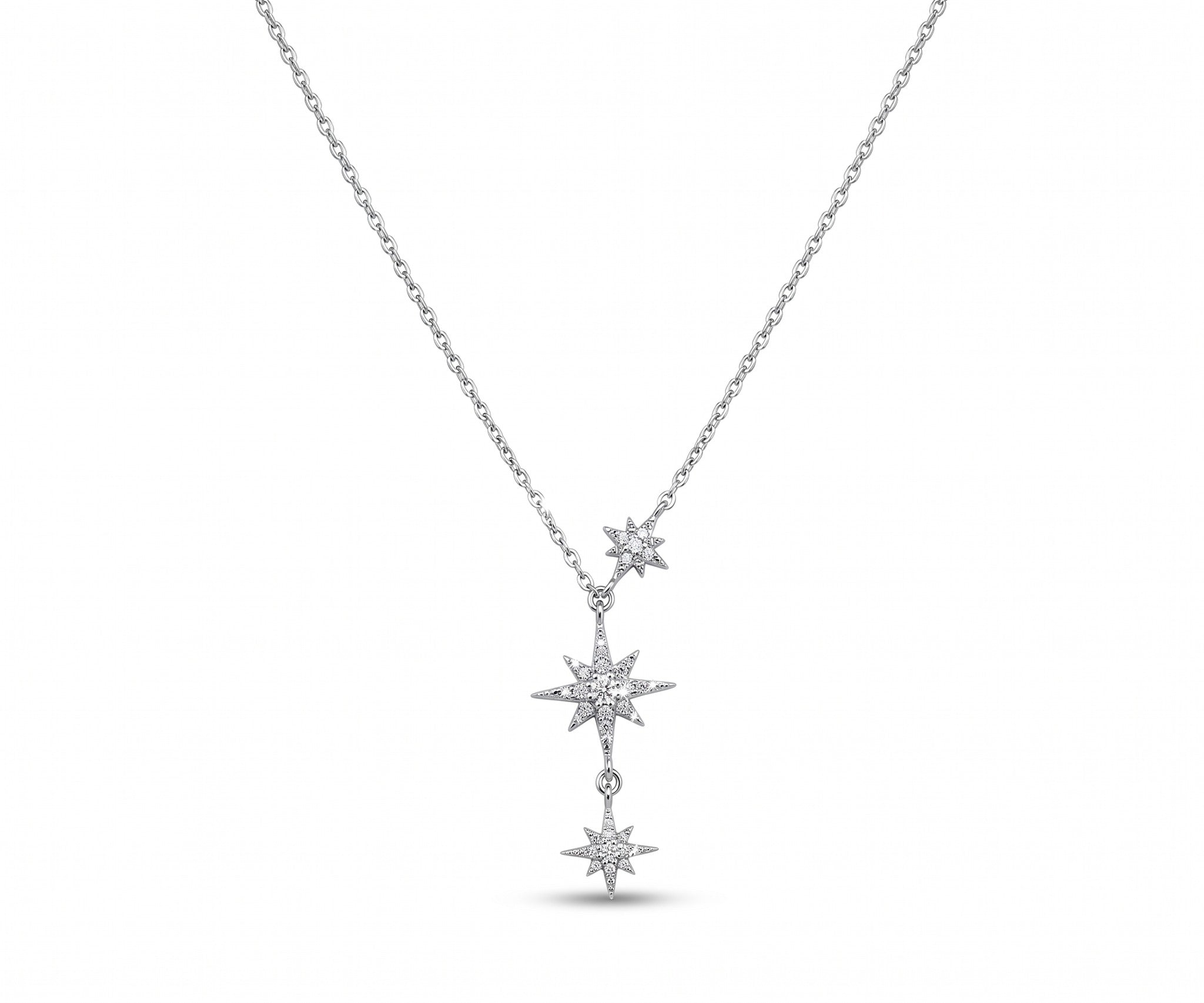 Sitara Lariat Necklace, three falling cubic zirconia stars on a Y-chain