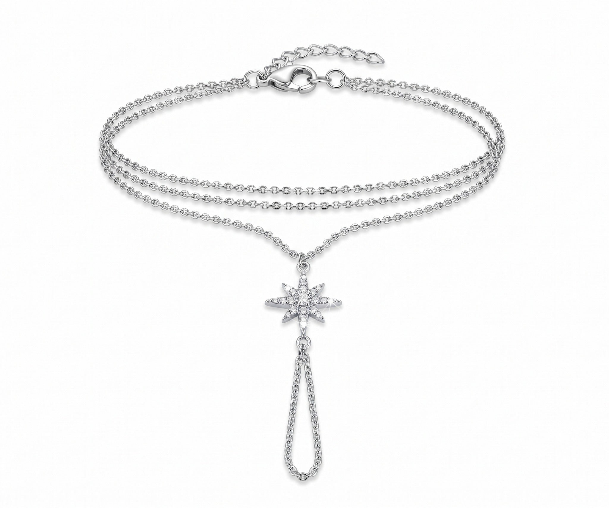 Tara Hand Chain, layered chain with a cubic zirconia star and finger loop