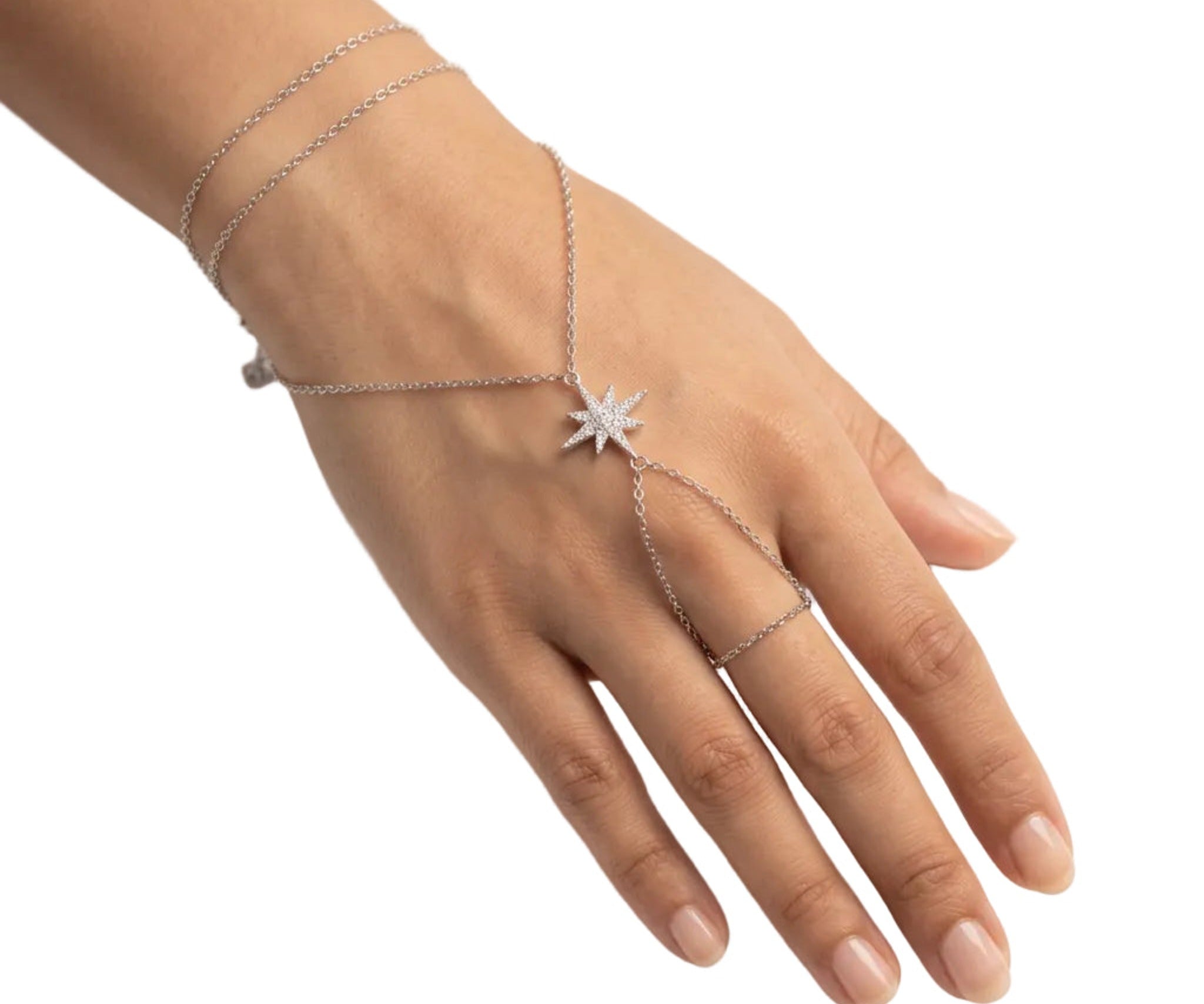 Tara Hand Chain on a hand, layered chain with a cubic zirconia star and finger loop