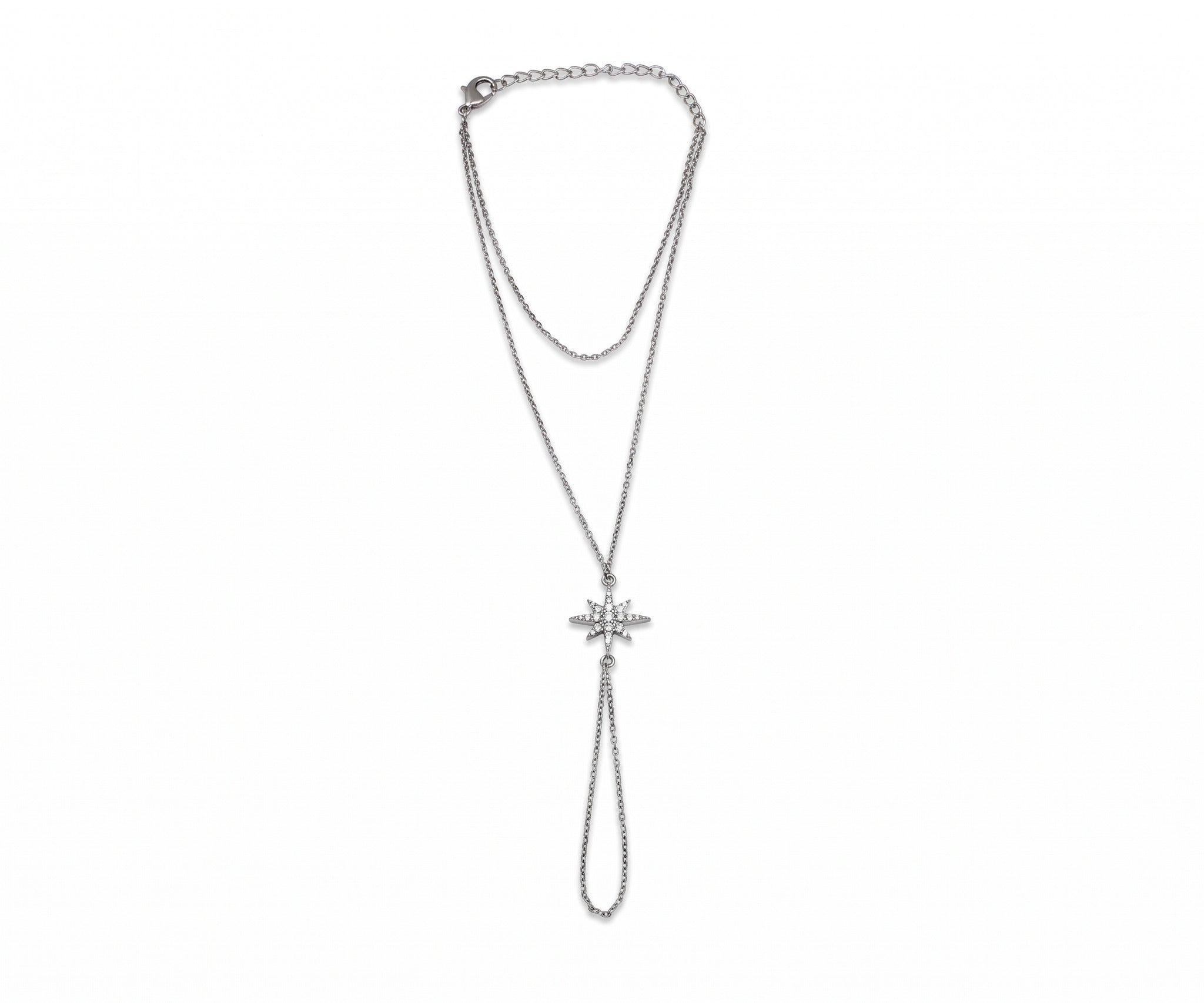 Tara Hand Chain worn view, star on a fine chain with finger loop